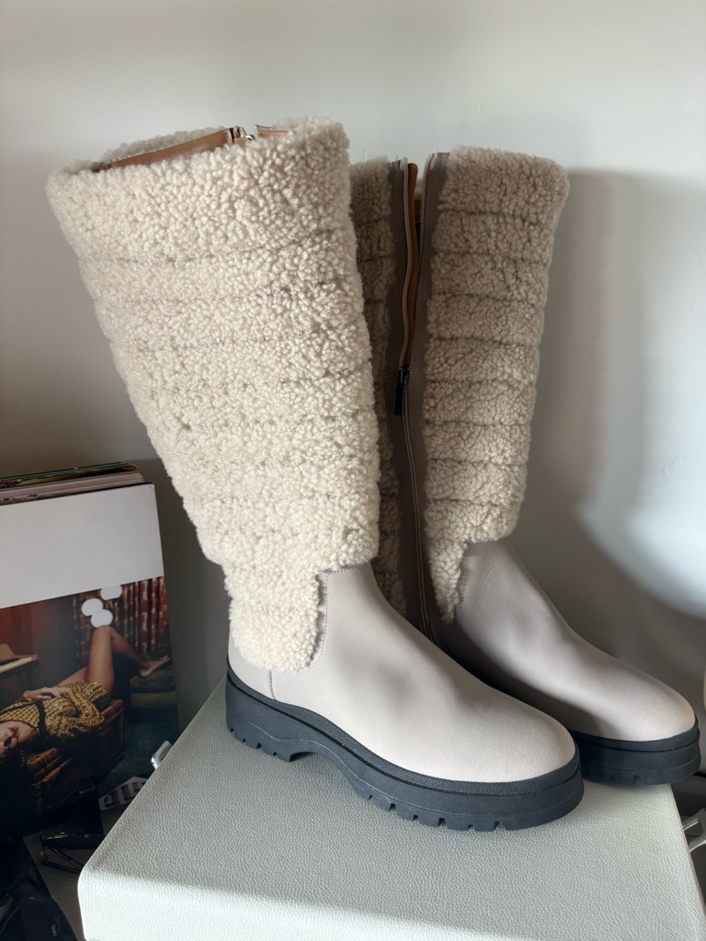 Aquatalia Skyla Knee-High Cream Shearling and Leather, Lug-Sole Winter Boots